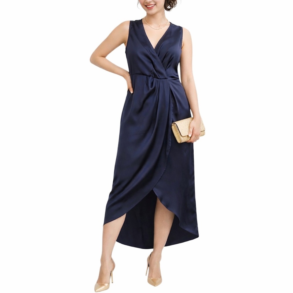 Shein Satin Sleeveless Dress Faux Wrap Dark Blue Size 1X